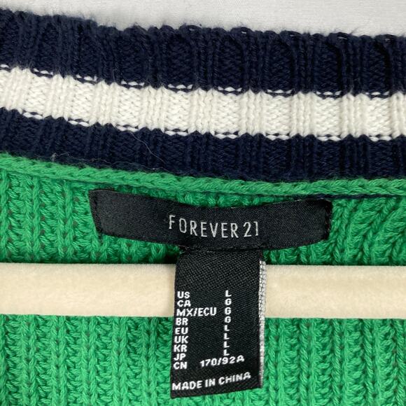 Forever 21 Womens L Green Chunky Cable Knit Varsity Crop Cardigan Tennis Preppy - Picture 5 of 9